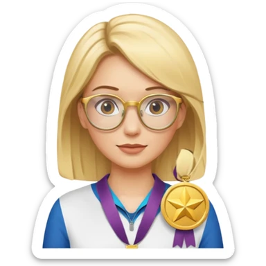 Describe a blonde woman wearing glasses with a gold medal sticker