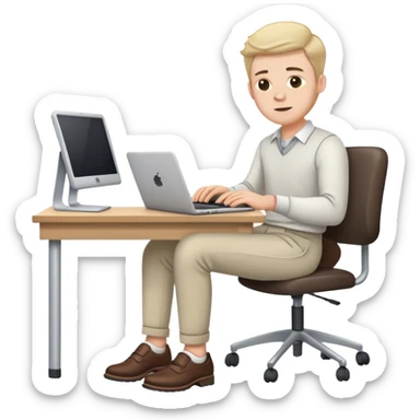 white Guy wearing trousers and shoes, sitting at desk working on a laptop  sticker