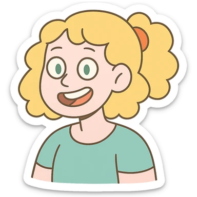 pastel toon style character with blonde, curly shoulder-length hair tied back with a red scrunchie, pale white skin, pale green eyes sticker