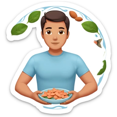 Relaxed floating man surrounded by circling foods: pieces of salmon, dark chocolate, almonds, and spinach leaves. These omega-3 and magnesium-rich foods glow softly as they orbit around him, creating a peaceful, weightless atmosphere. sticker