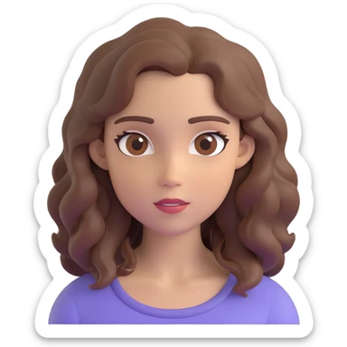 character with wavy brown hair, brown eyes, natural makeup, in 3D Disney Pixar animation style, realistic lighting, soft textures, expressive features, Disney Pixar character style sticker