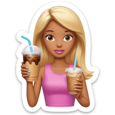 Brown skin blonde hair Barbie drinking iced coffee sticker