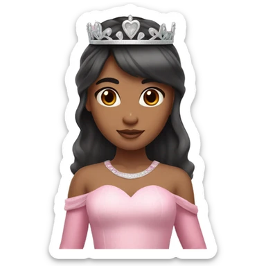 Princess with halo with medium skin tone with long black hair with bang with silver pink heart tiara and pink dress sticker