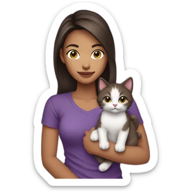 young-women,dark-long-brown-hair,using-purple-tshirt,holding-a-kitty sticker