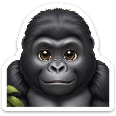 Cinematic Cute mountain Gorilla Portrait Emoji, Head tilted playfully and inquisitively, with a robust build accented by a striking black and grey mane and round, sparkling eyes full of gentle charm, Simplified yet irresistibly adorable features, highly detailed, glowing with a warm, friendly jungle glow, high shine, affectionate and lively, stylized with a touch of endearing primate whimsy, soft glowing outline, capturing the essence of a mischievous yet loving mountain that feels like it could lumber out of the screen into your arms! sticker