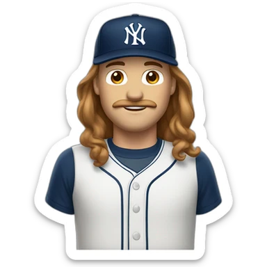 white man with brown long hair and ny baseball cap and mustache sticker