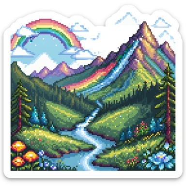 Enchanted meadow with rainbow and crystal mountains sticker