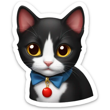 Tuxedo kitten with a red collar sticker