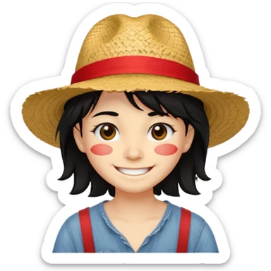 Un personnage avec la peau beige une cicatrice sous l'oeil des cheveux noirs en bataille et un chapeau de paille avec une bande rouge il arbore un grand sourire sticker