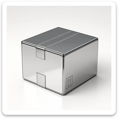 modern chrome box, highly reflective and metallic, with the same proportions and tape accents as a standard package sticker