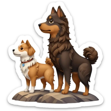 two dogs with wavy hair, one black and brown, one shades of brown with mountains sticker