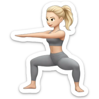 Pale skinned fit woman In a gray tight yoga suit and wristbands With ash blonde hair in a bun doing yoga sticker