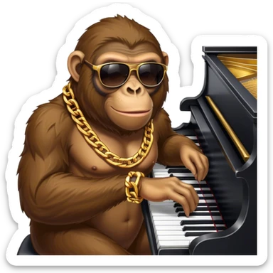 ape with big golden chain on the neck wearing sunglasses plays piano full height sticker