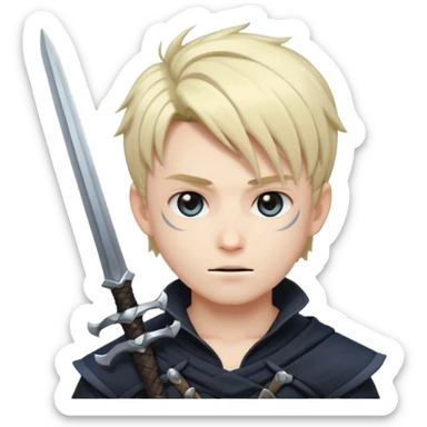Way cooler with aura very aura and shadow on his face and adult face body Create me an anime character boy emoji looking very cool with swords on his hand sticker