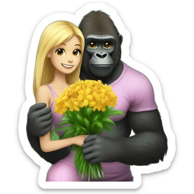 Gorilla giving flowers to a blonde girl sticker