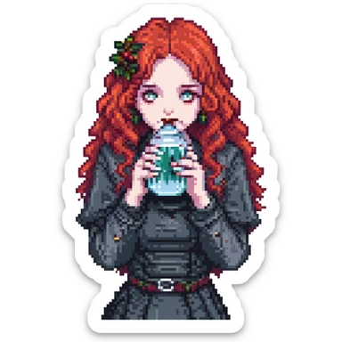 goth girl with curly cherry-red hair sipping water, pixel art style sticker