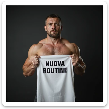hyperrealistic 4K image of a muscular fitness man with a sad face holding a sheet with the text 'NUOVA ROUTINE', variation 12, no background sticker