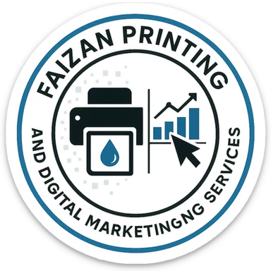 modern circular emblem logo for 'Faizan Printing and Digital Marketing Services' featuring a printer icon and an ink drop representing printing, and a digital graph and cursor symbolizing digital marketing, clean corporate style, blue black and white color scheme, bold clear typography for company name, subtle digital motif in background, versatile for print and online use sticker