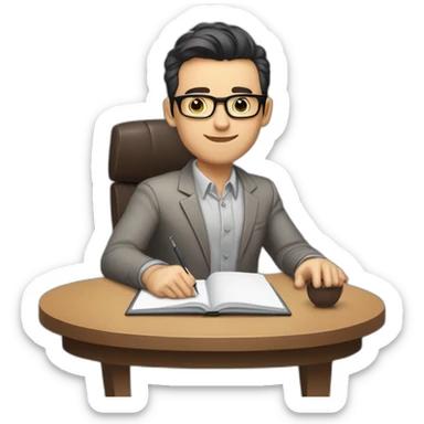 Pale skinned Fit Man With dark brown hair in gray jacket, beige office shirt and vintage glasses sitting In a soft chair with a notebook with emblem Ψ and a pen in his hands sticker