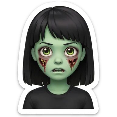 uma garota zumbi no formato Memoji da apple com o cabelo cumprido, preto liso e com franja, blusa preta sticker