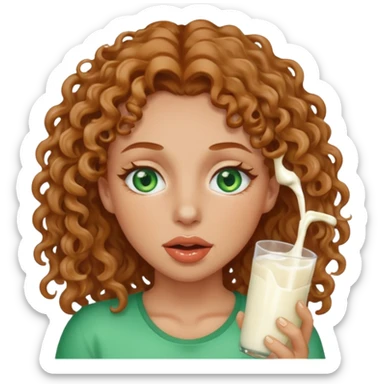 Woman with green eyes and light brown curly hair with milk dripping from mouth and face  sticker