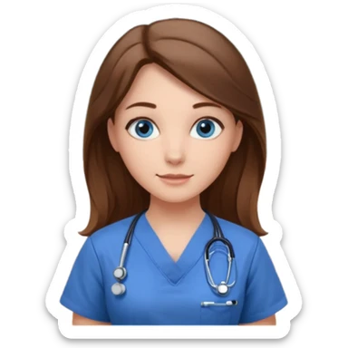 inside a classroom at university that says nursing school on the board with a pretty female nursing student with long brown hair, blue eyes sticker