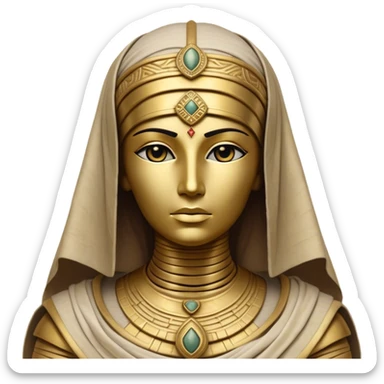 Cinematic Noble Mummy Portrait Emoji, Regal and timeless, with a meticulously wrapped, ancient form in muted earth tones accented by faded gold, exuding an air of forgotten majesty and solemn duty, simplified yet elegant with intricate bandage details, highly detailed and softly glowing, evoking the dignified mystery of an eternal sentinel guarding long-lost secrets! sticker