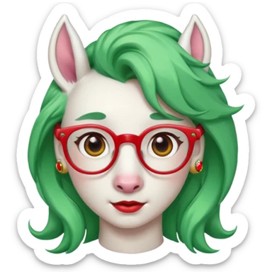 white unicorn with green hair and big red earrings looking into camera and spectacle sticker