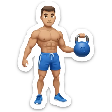 jacked man with blue shorts holding kettlebell sticker