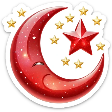 Beautiful sparkly glittery shiny pretty red crescent and stars scenery sticker