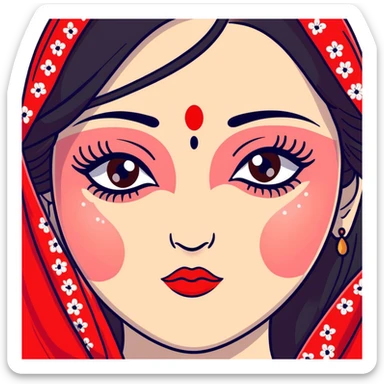 White girl with long oval shaped face, large almond shaped eyes with long eyelashes, long straight black hair falling in front of her bare shoulders, face closeup, with intricate patterned red and white gopi dots in a decorative design above eyebrows sticker