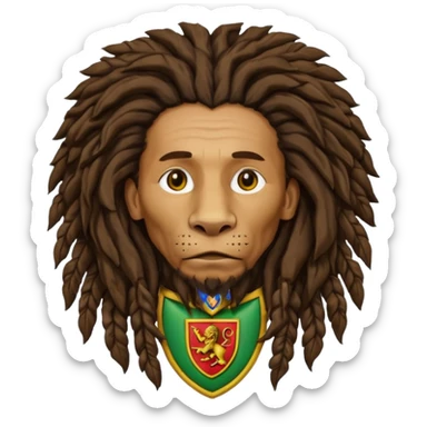 old melancholic  Bob Marley with gigantic dread locks in form heraldic crest with ethiopian lion sticker