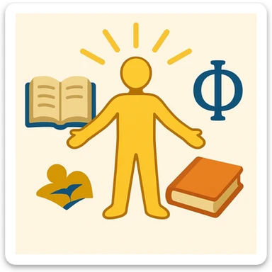 emoji representing Humanism: a human figure in the center, surrounded by books, symbols of knowledge and light sticker