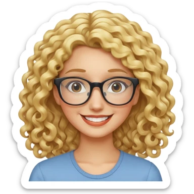 long curly blonde, square glasses,duh sticker