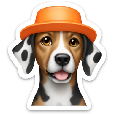Dog with white and black spots wearing orange bucket hat sticker