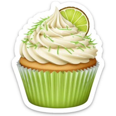 Vanilla cupcake with vanilla frosting with shredded coconut on top and lime sticker