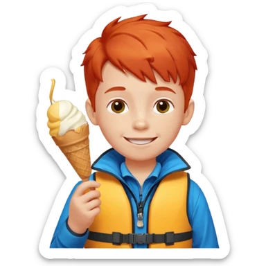 boy kid red haired wearing lifejacket, eating ice cream, sun sticker