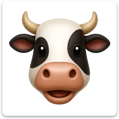 Create a cow face emoji that looks exactly like the reference image, in iOS emoji style. The emoji should have 3D appearance, shiny surface, smooth gradients, soft shadows, a friendly expression, black and white markings, and horns. sticker