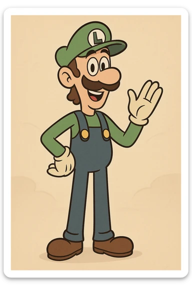 Luigi from Mario & Luigi, tall, green hat with L, blue overalls, mustache, cheerful expression, cartoon style sticker