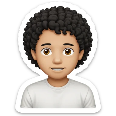 a black boy with a curly hair and a white t shirt no teet sticker