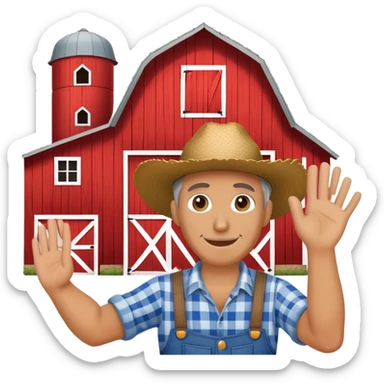 a farmer waving in front of a red barn sticker
