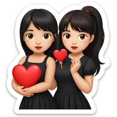 Latina girl with bangs black long hair in pony tail plus size black dress holding a heart sticker