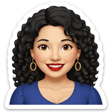 40 yr old Mexican woman, slightly chubby, wavy/curly long black hair, red lipstick, big smile, white teeth, brown eyes, hoop earings, side part to hair, round face, nice blouse, no wrinkle hair side swept, big hoop earing sticker