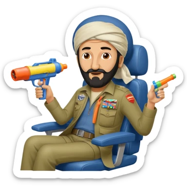 Osama bin laden pointing water gun in an airplane pilot seat sticker