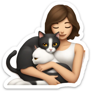 Brunette woman snuggling white orange cat sticker