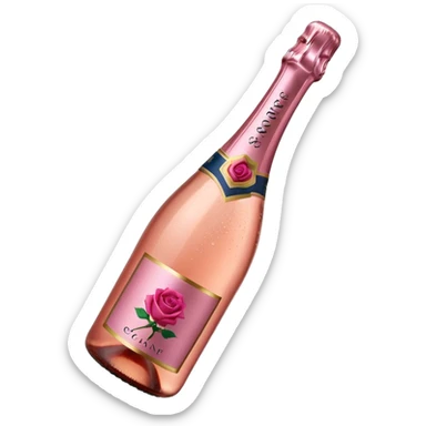 bottle of sparkling rosé champagne with a rose logo on the label, tilted up and to the right, no glass sticker