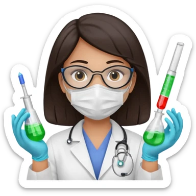 medica con guantes  y mascarilla e insumos laboratorio reactivo jerigan tubos  pelo negro largo triguella sin testoscopio sticker