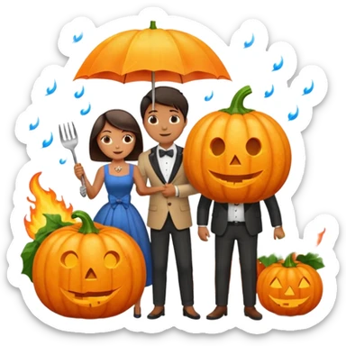 Make a guy hugging a giant pumpkin with a fork in his right hand while there's fire while there's a lady watching while it's raining while there's an umbrella on the ground that's alive and the sun has a bow tie on his neck sticker