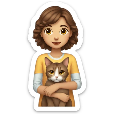 Light skin kabyle girl with straight brown hair and eyes petting a fluffy brown cat sticker