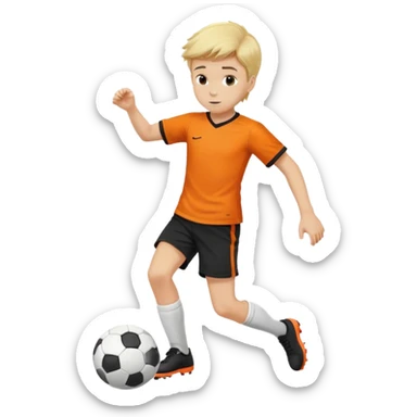 Kicking a soccer ball, boy, blond hair, orange shirt,black shorts sticker